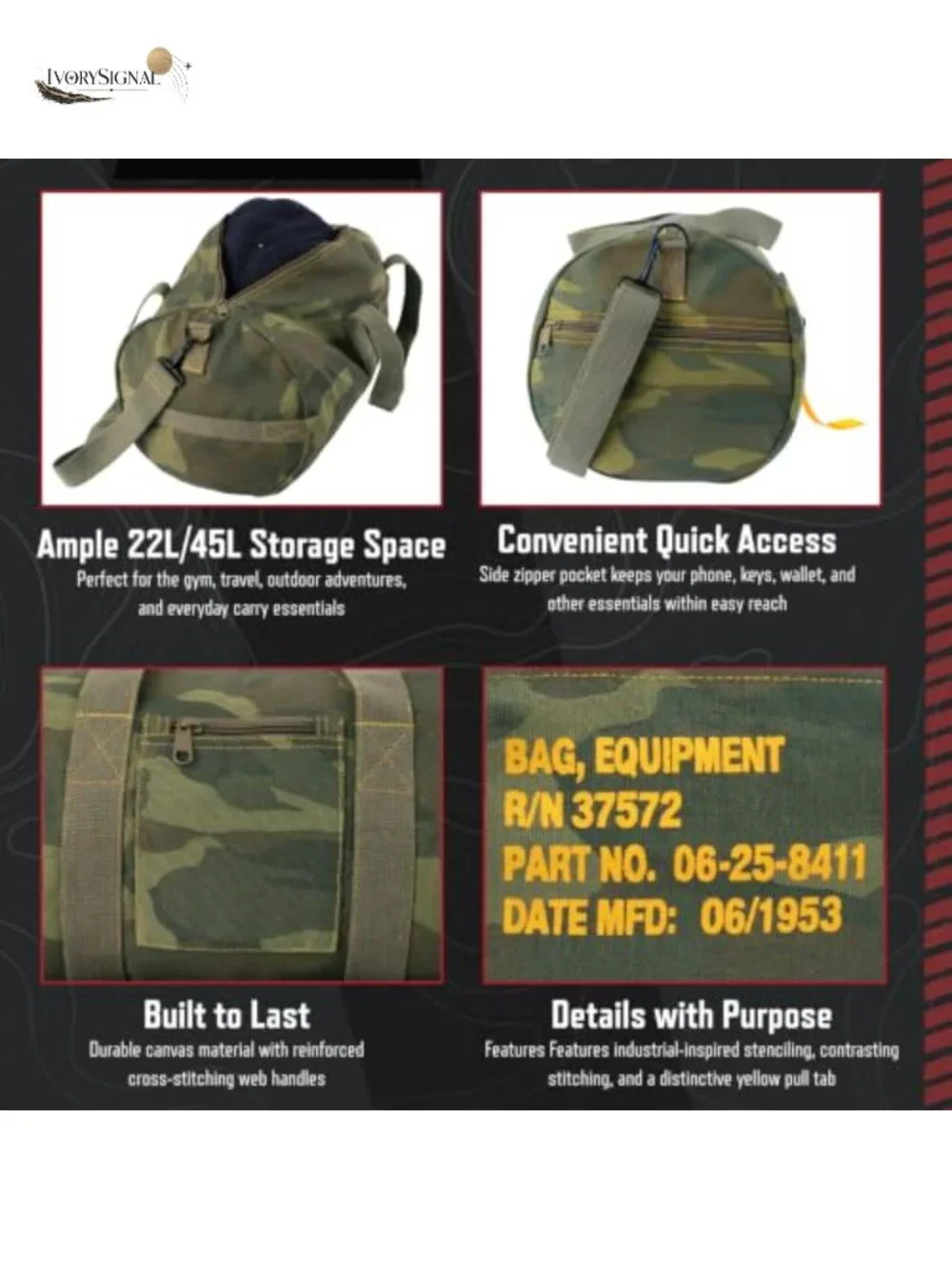 Heavyweight Cotton Canvas Equipment Bag Travel Duffel with Zippered Compartments